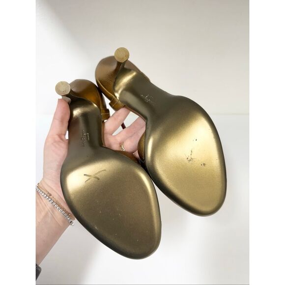 Salvatore Ferragamo 97673 Y55 Metallic Gold Leaf Cut Ankle Strap Heels 10 New - Picture 6 of 9